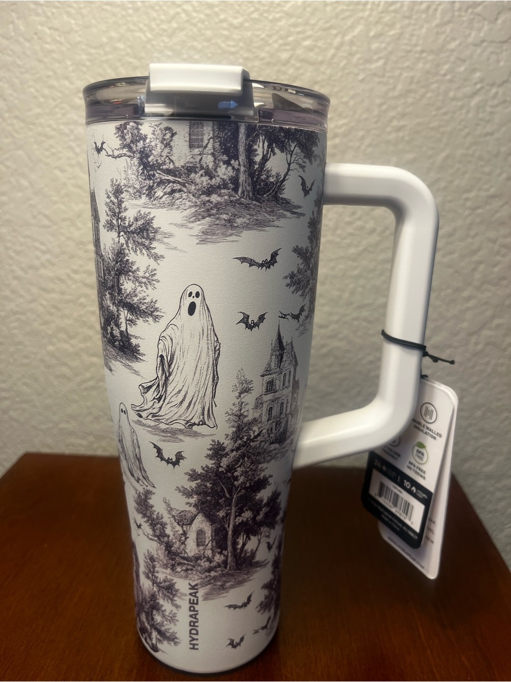 Hydrapeak 32 oz Voyager II Ghost Toile Tumbler Cup Straw Flip Lid Haunted Hallow